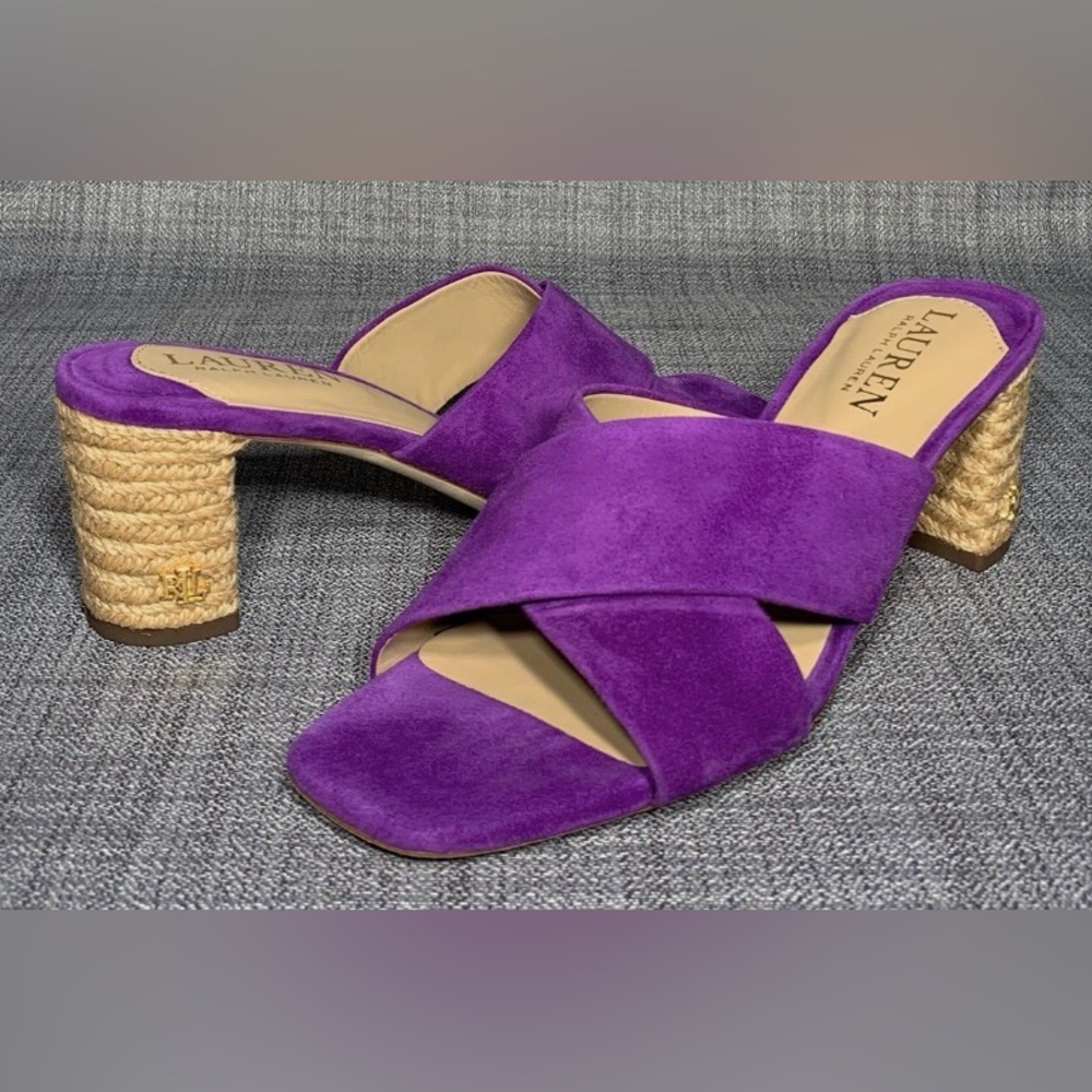 Ralph Lauren Freddi Slip-On Crisscross Mid Dress Purple Kidsuede Sandals (8)